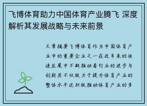 飞博体育助力中国体育产业腾飞 深度解析其发展战略与未来前景